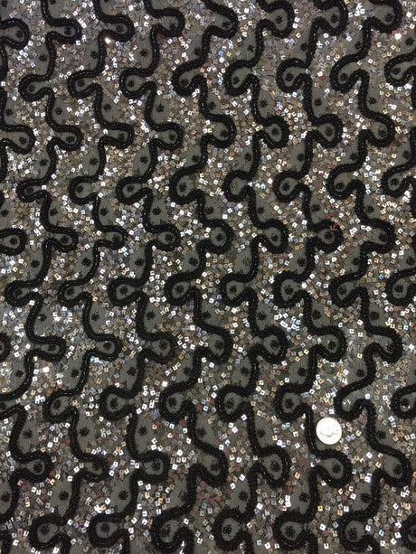 Beaded French Lace Fabric Silver Grey Black