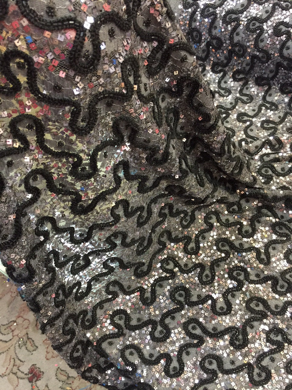 Beaded French Lace Fabric Silver Grey Black