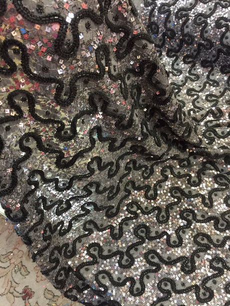 Beaded French Lace Fabric Silver Grey Black