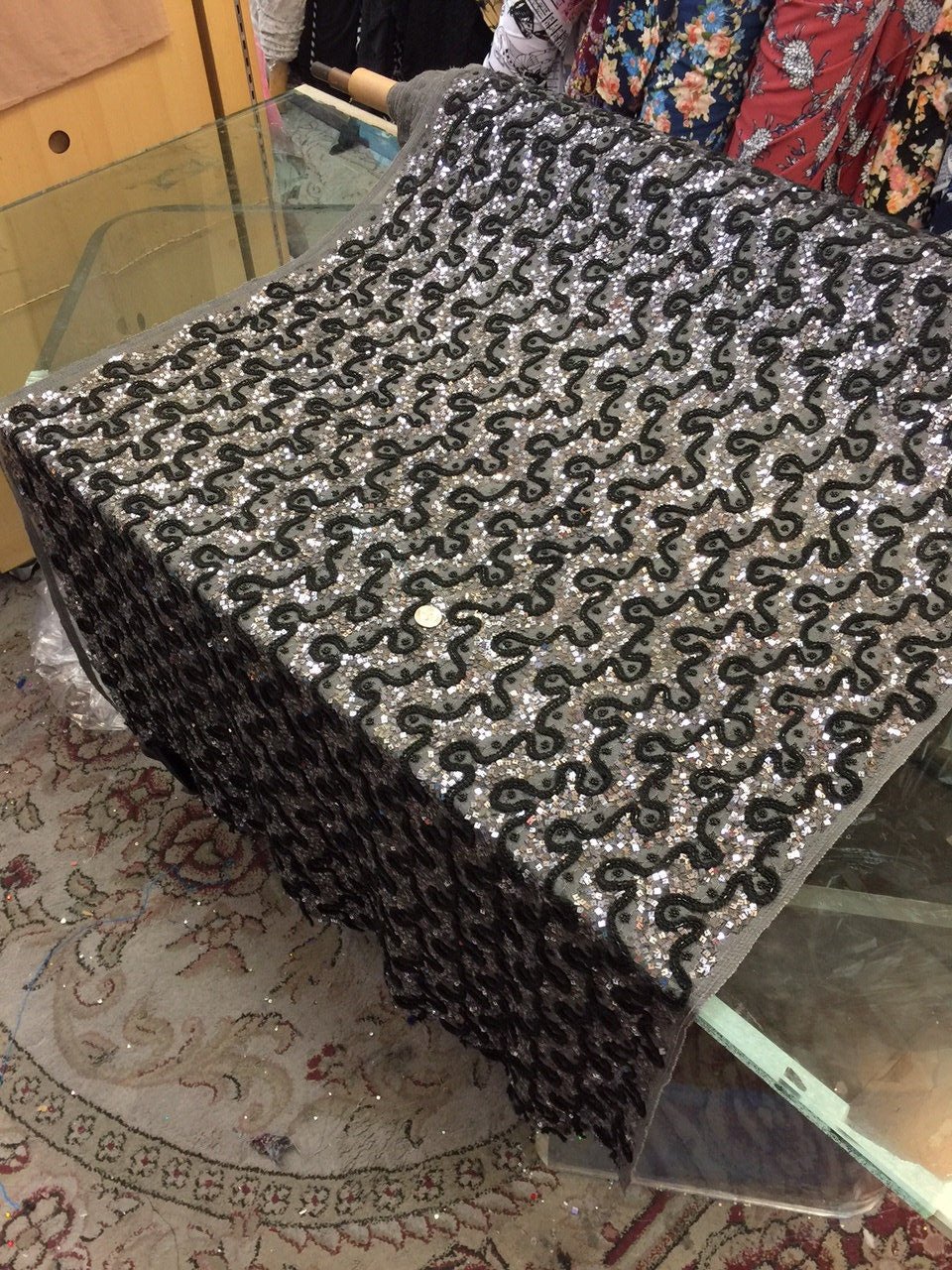 Beaded French Lace Fabric Silver Grey Black