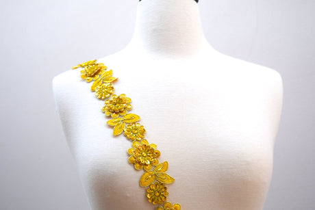 Beaded Lace Trim Yellow Floral 1.75in