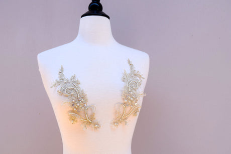 Beaded Lace Applique Pair Antique Gold