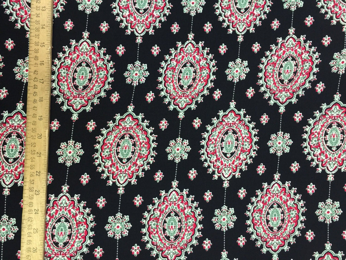 Rayon Challis Two Border Black and Fuchsia