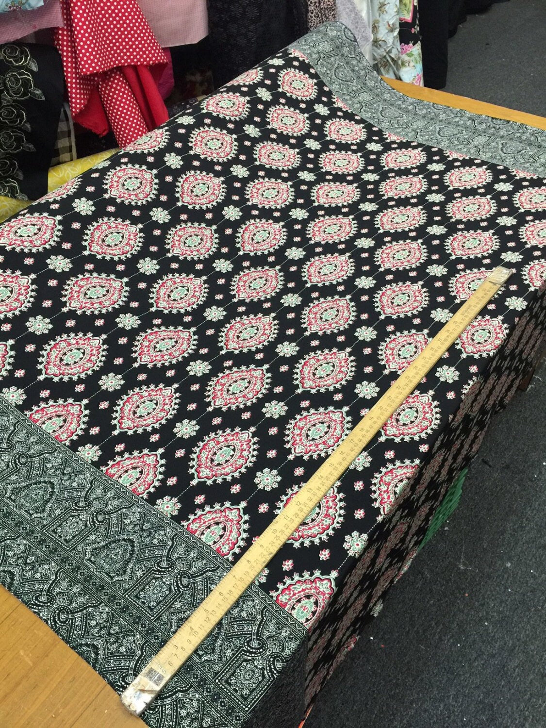 Rayon Challis Two Border Black and Fuchsia