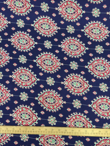 Rayon Challis Two Border Navy Blue Fuchsia Pink