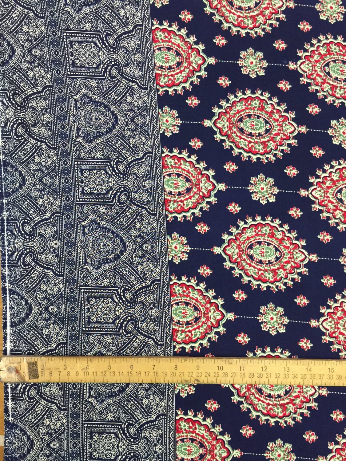 Rayon Challis Two Border Navy Blue Fuchsia Pink