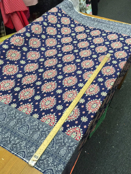 Rayon Challis Two Border Navy Blue Fuchsia Pink
