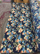 Polyester Crepe Stretch Navy Peach Floral Fabric