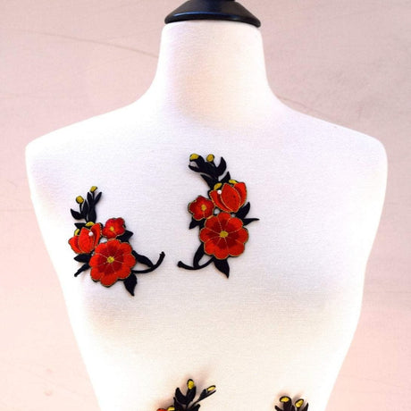 Embroidered Flower Patch Iron-On Black Red