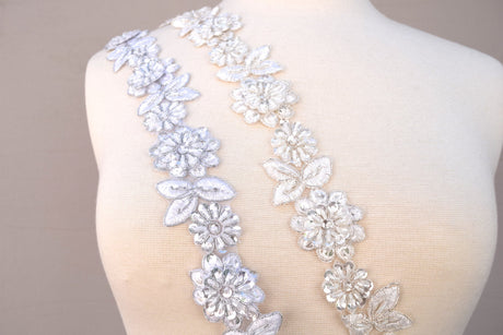 Beaded Lace Trim White Silver 1.75in