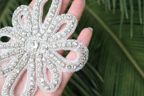 Rhinestone Applique Silver Flower 4 Inch