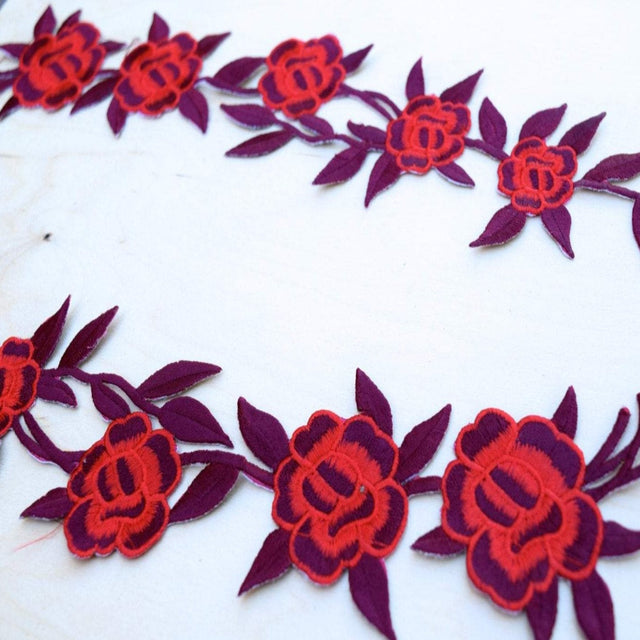Embroidered Rose Appliques Red Burgundy