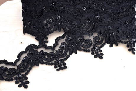 Beaded Lace Trim Black 2.5"