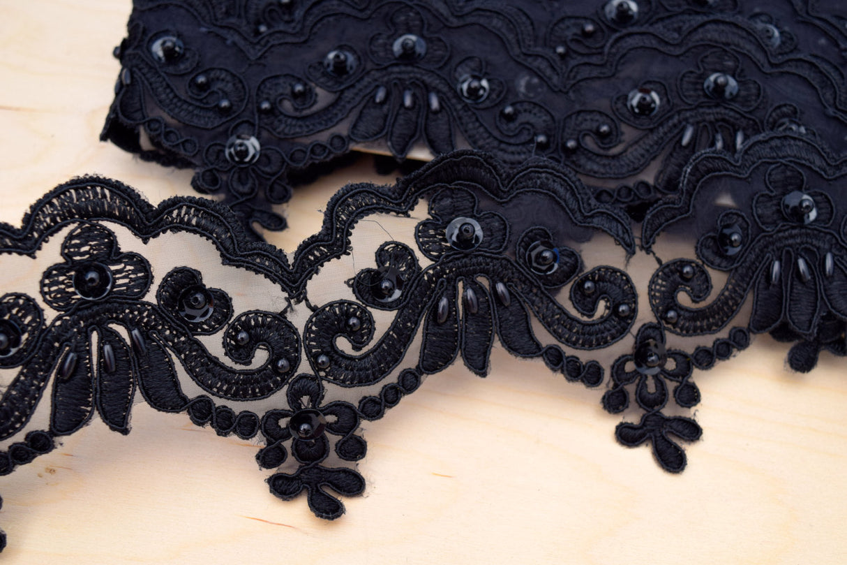 Beaded Lace Trim Black 2.5"