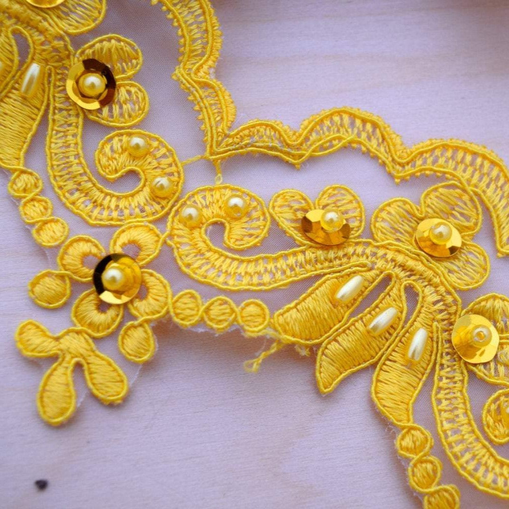 Beaded Lace Trim Yellow Sequins 2.5in