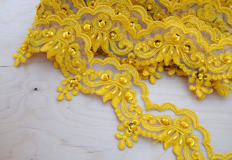 Beaded Lace Trim Yellow Sequins 2.5in