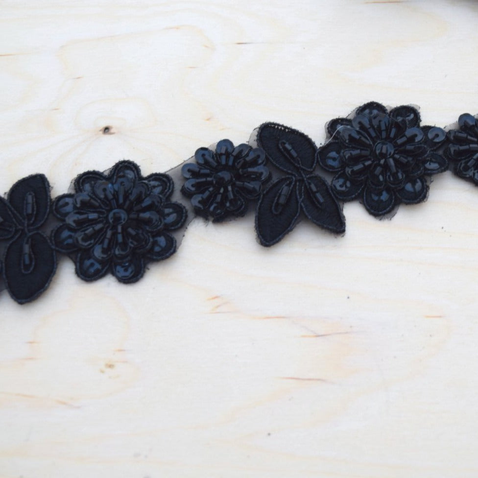 Beaded Lace Trim Black 1.75" 3D Flower Leaf