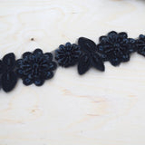 Beaded Lace Trim Black 1.75" 3D Flower Leaf
