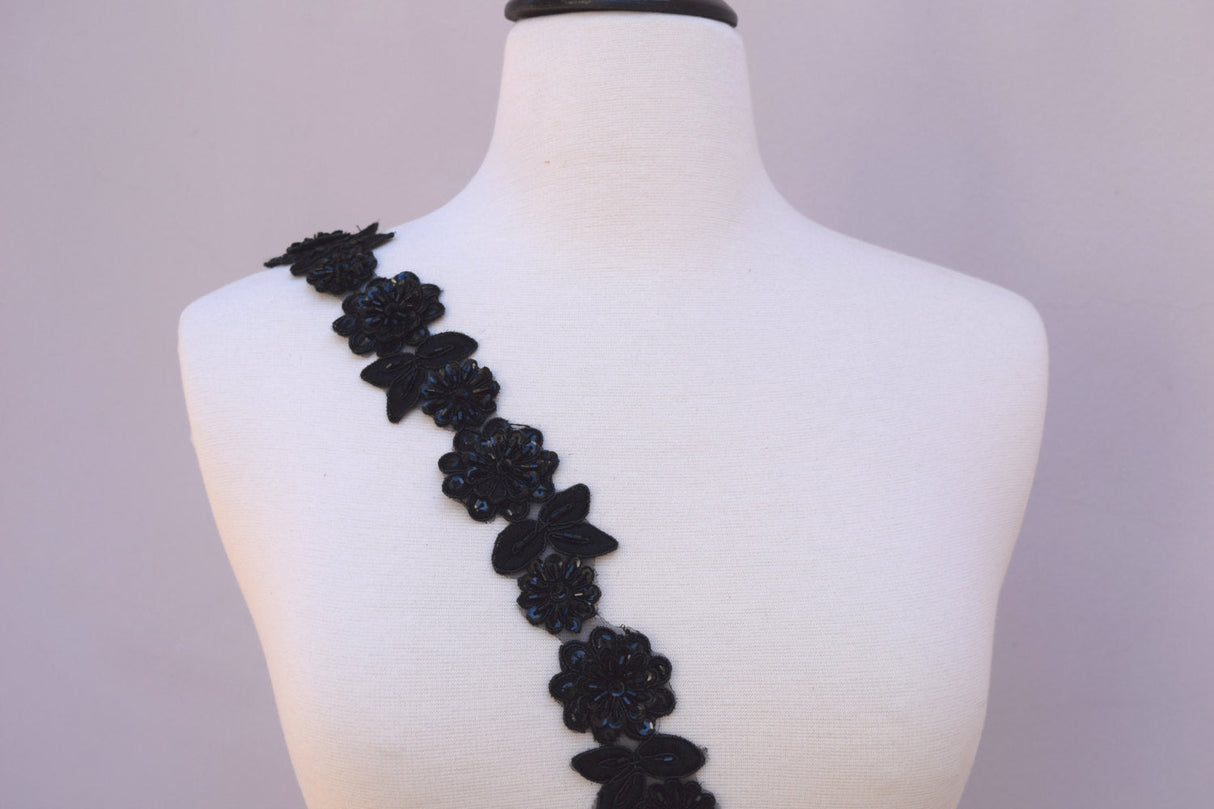 Beaded Lace Trim Black 1.75" 3D Flower Leaf