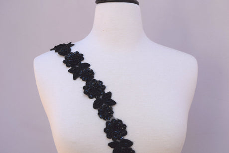 Beaded Lace Trim Black 1.75" 3D Flower Leaf