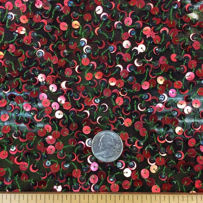 Sequin Mesh Fabric Green with Red and Brown