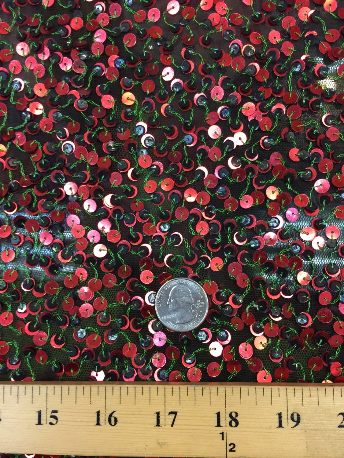 Sequin Mesh Fabric Green with Red and Brown