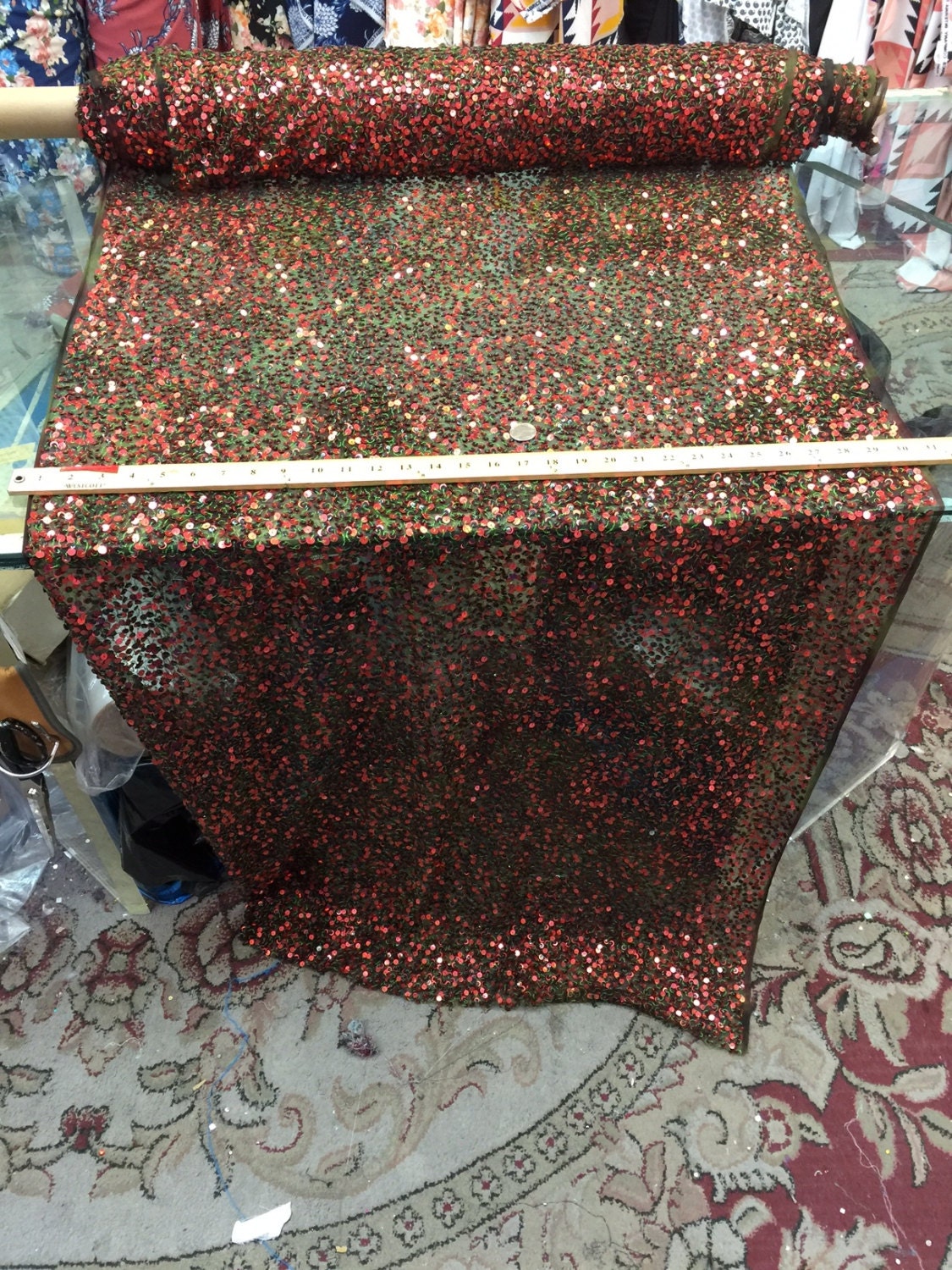 Sequin Mesh Fabric Green with Red and Brown