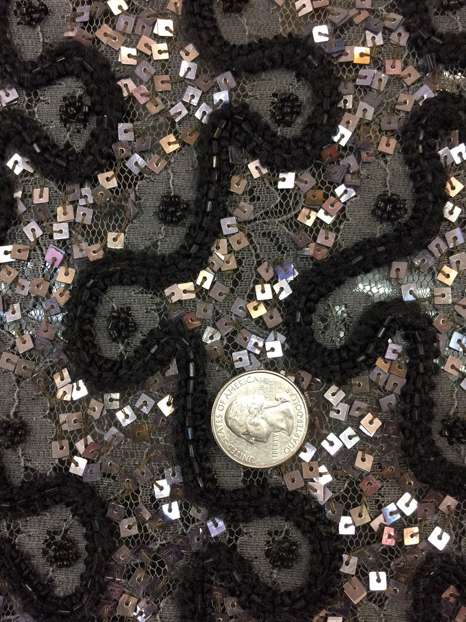 Beaded French Lace Fabric Silver Grey Black