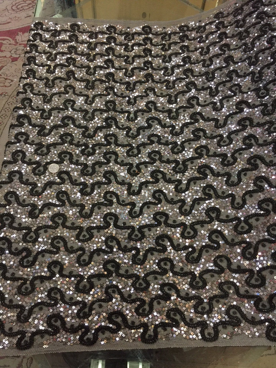 Beaded French Lace Fabric Silver Grey Black