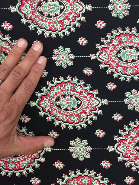 Rayon Challis Two Border Black and Fuchsia