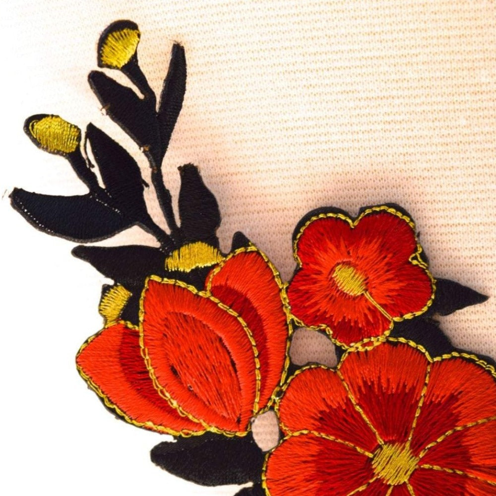 Embroidered Flower Patch Iron-On Black Red