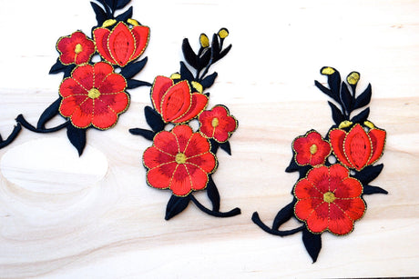 Embroidered Flower Patch Iron-On Black Red