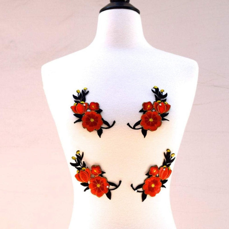 Embroidered Flower Patch Iron-On Black Red