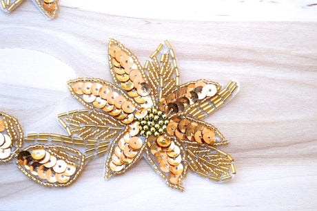 Sequin Beaded Flower Patch Antique Gold
