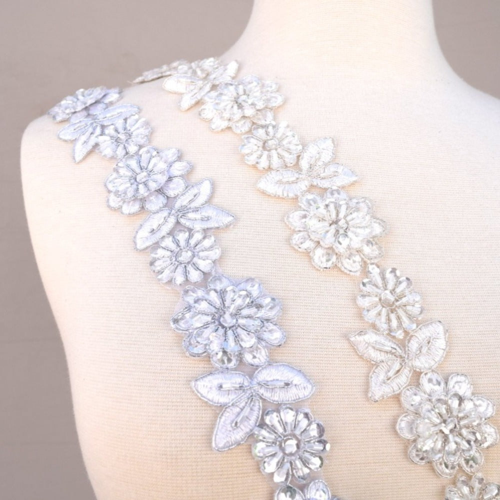 Beaded Lace Trim White Silver 1.75in
