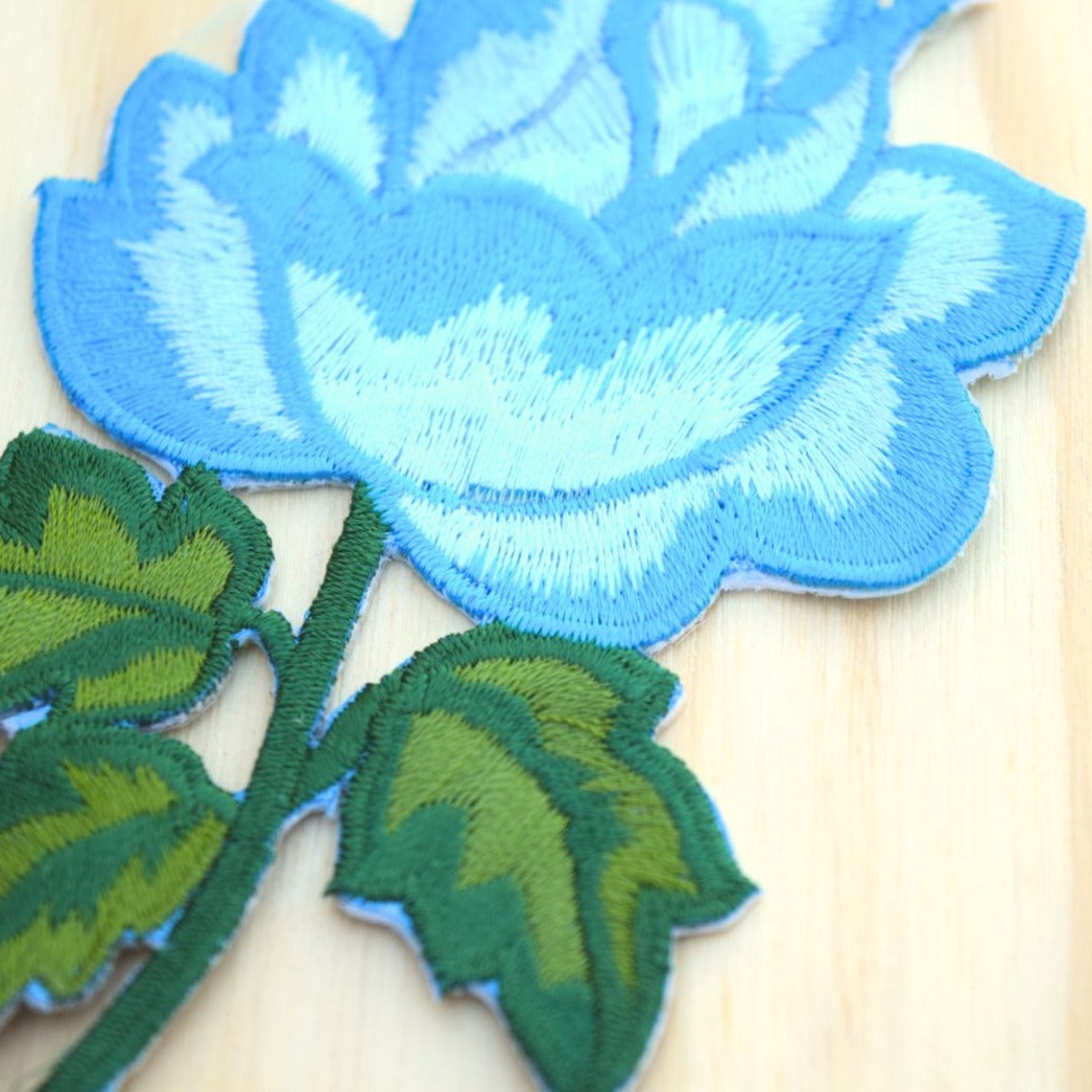 Embroidered Rose Patch Blue Iron-On