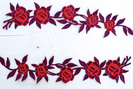 Embroidered Rose Appliques Red Burgundy