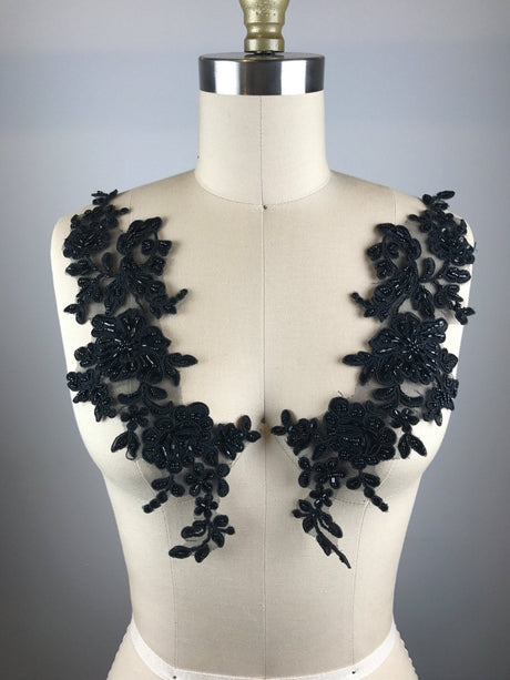 Beaded Lace Applique Black Mirrored