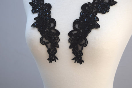 Beaded Floral Collar Applique Black 9in Pair