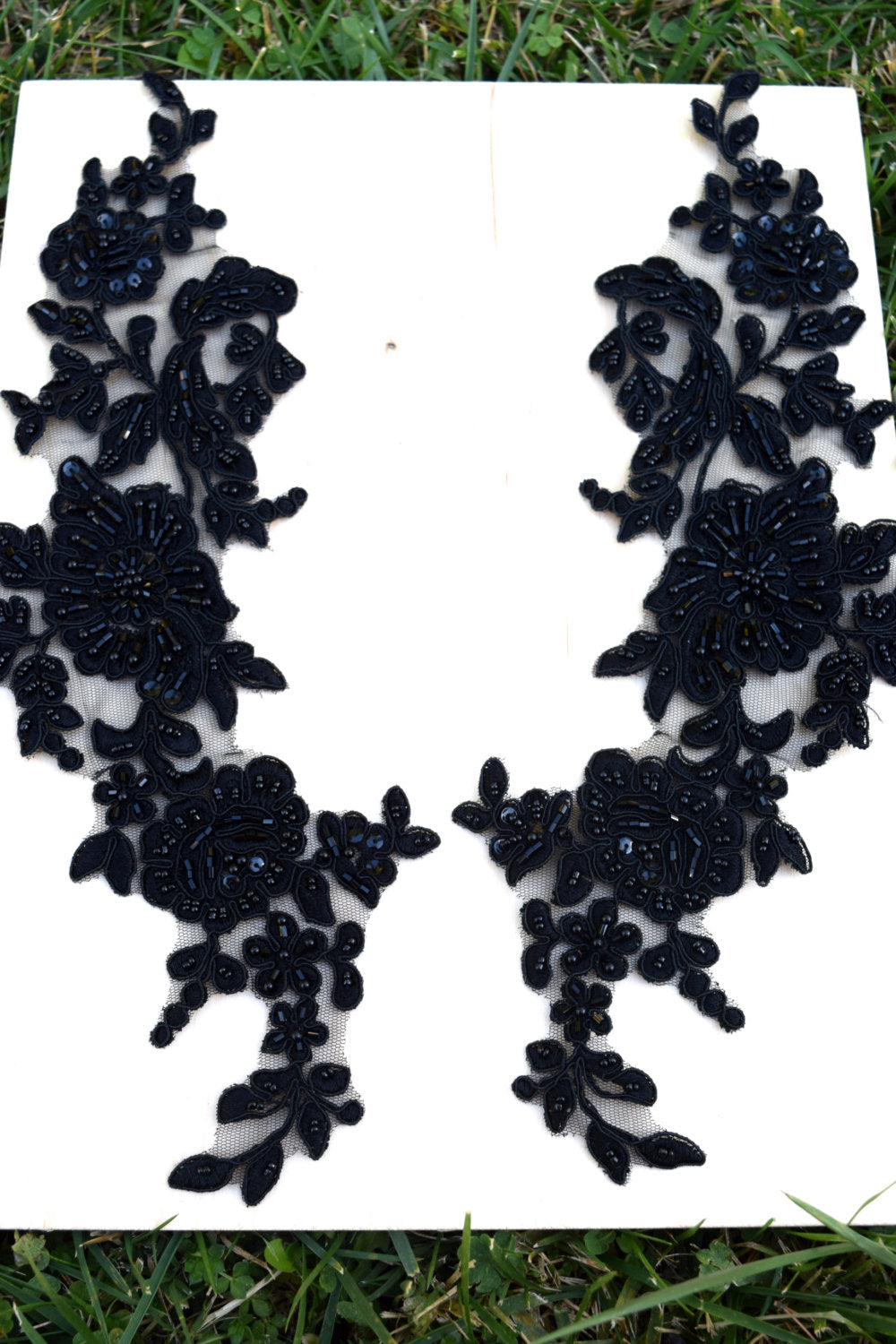 Beaded Applique Pair Black Oversized