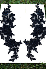 Beaded Applique Pair Black Oversized