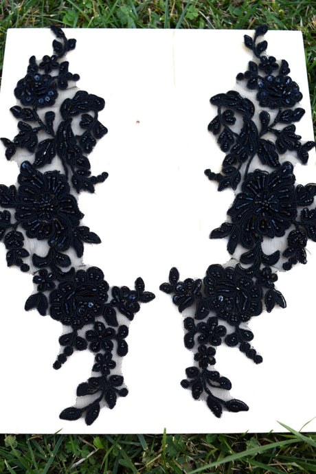 Beaded Applique Pair Black Oversized