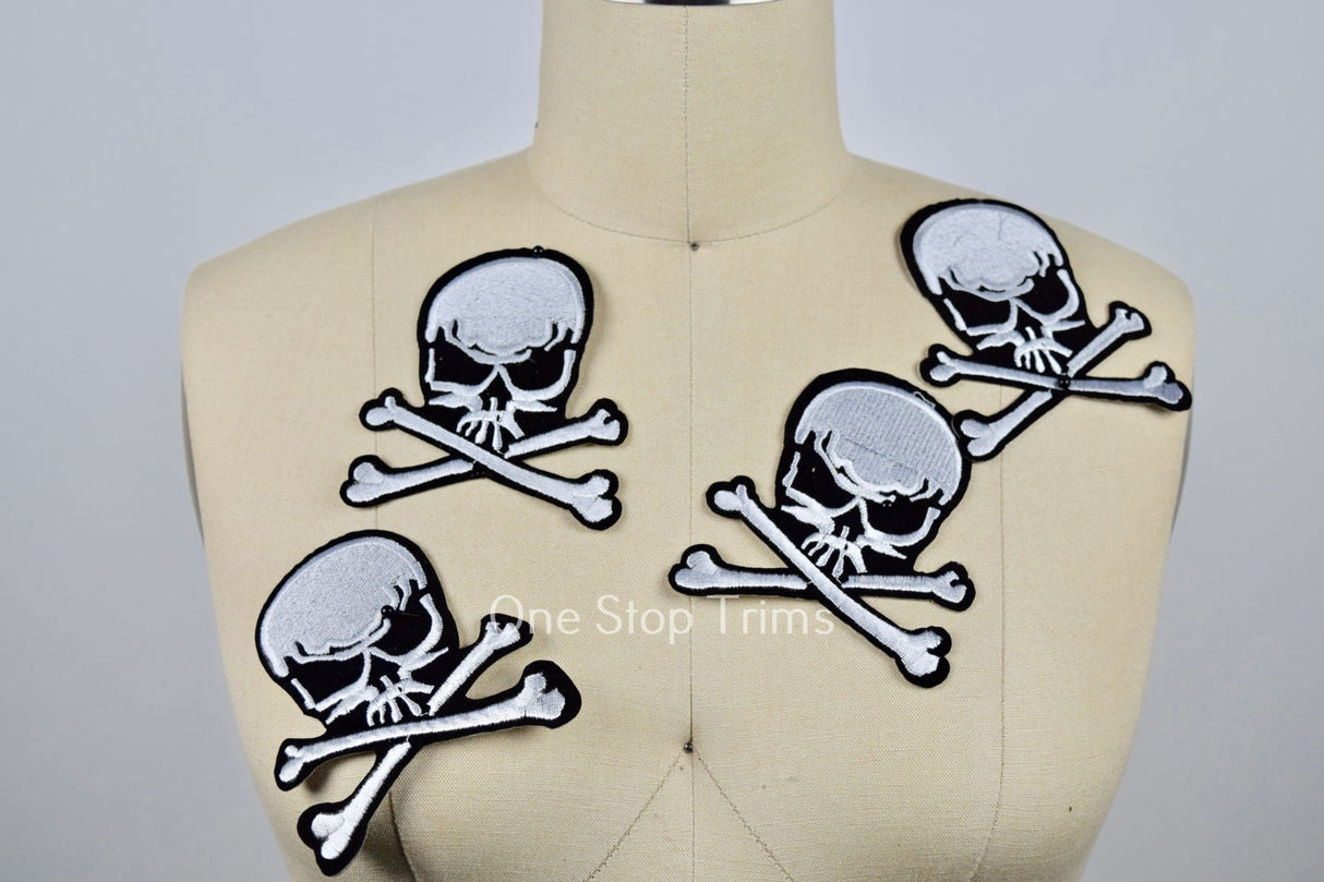 Skull Iron-On Patch Black White 3.5