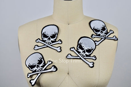 Skull Iron-On Patch Black White 3.5