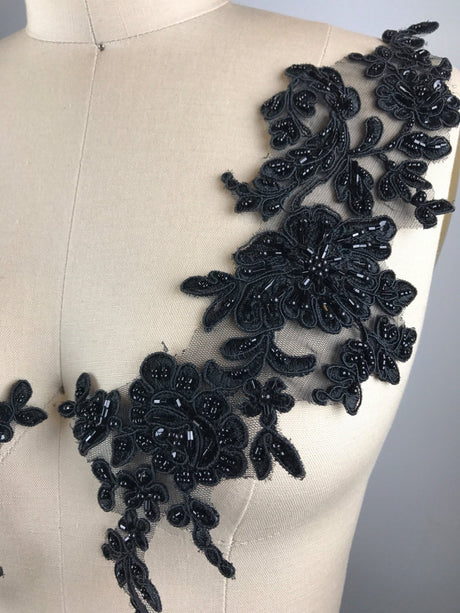 Beaded Lace Applique Black Mirrored