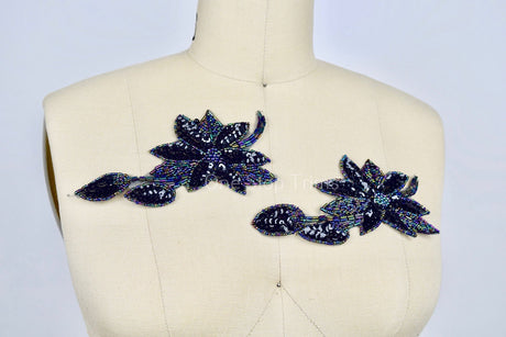 Beaded Sequin Flower Applique Black Purple