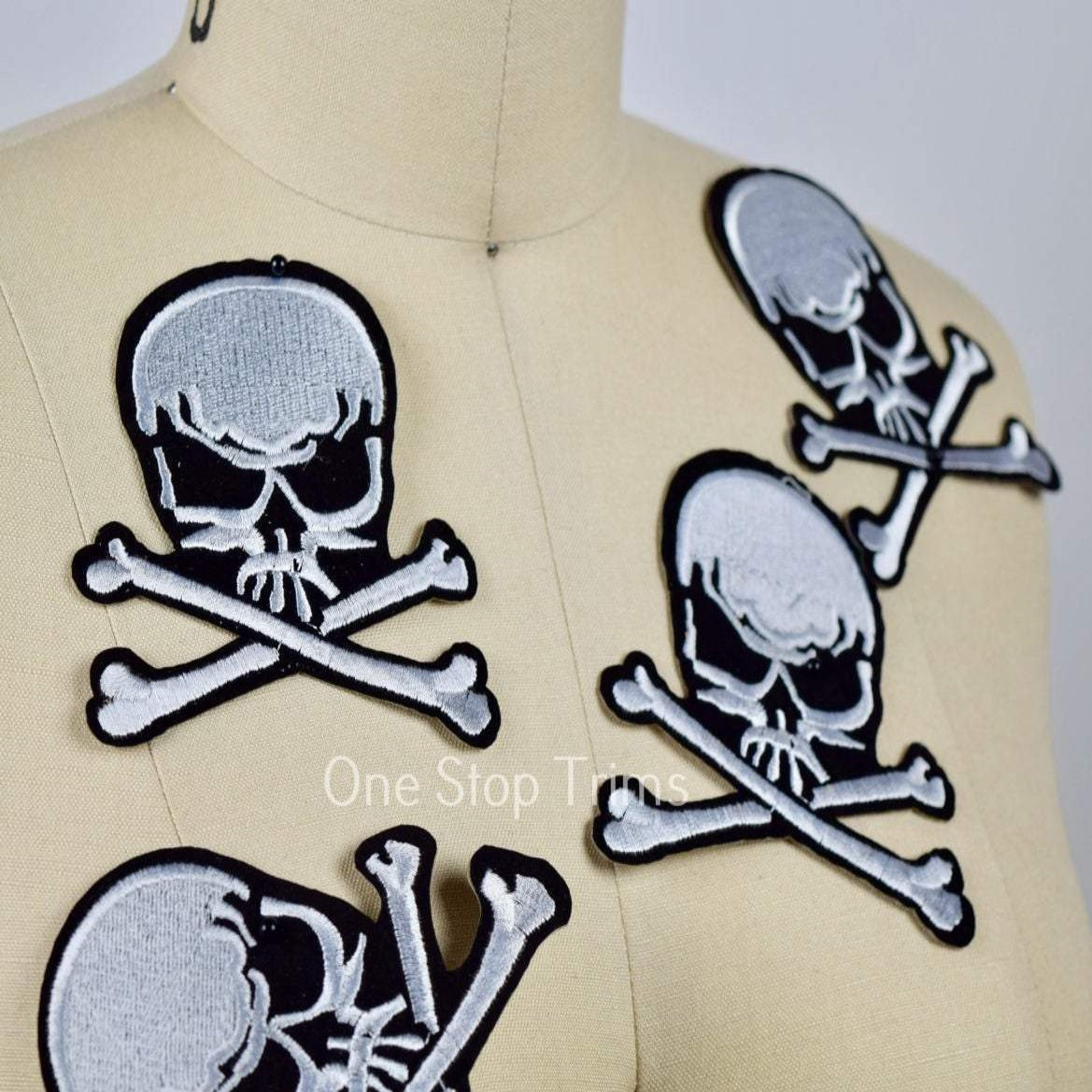 Skull Iron-On Patch Black White 3.5