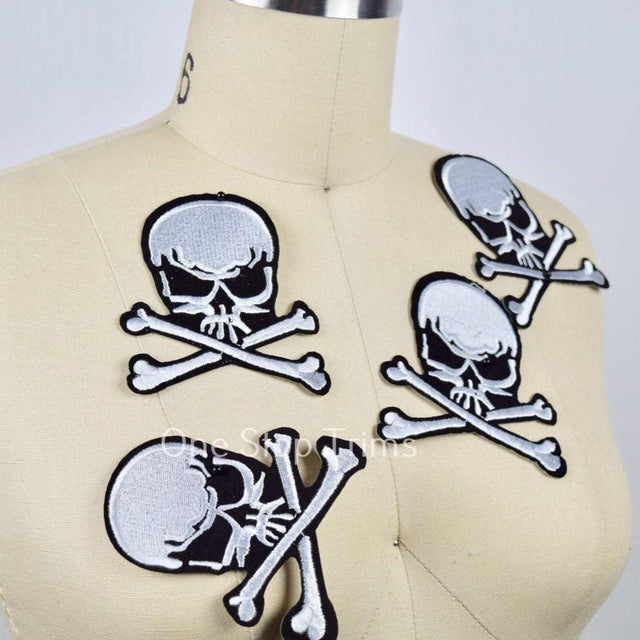 Skull Iron-On Patch Black White 3.5