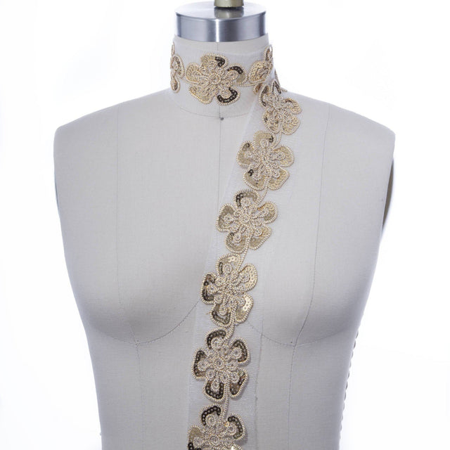 Sequin Flower Trim Gold on White Netting