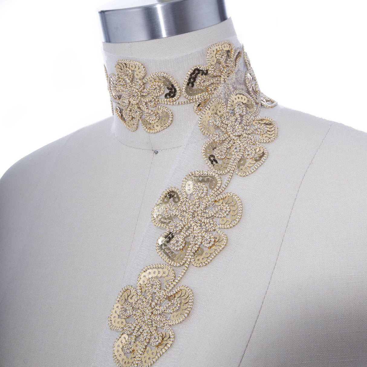 Sequin Flower Trim Gold on White Netting